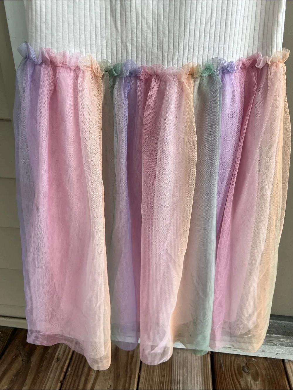 Girls White Dress with Pastel Rainbow Tulle Skirt